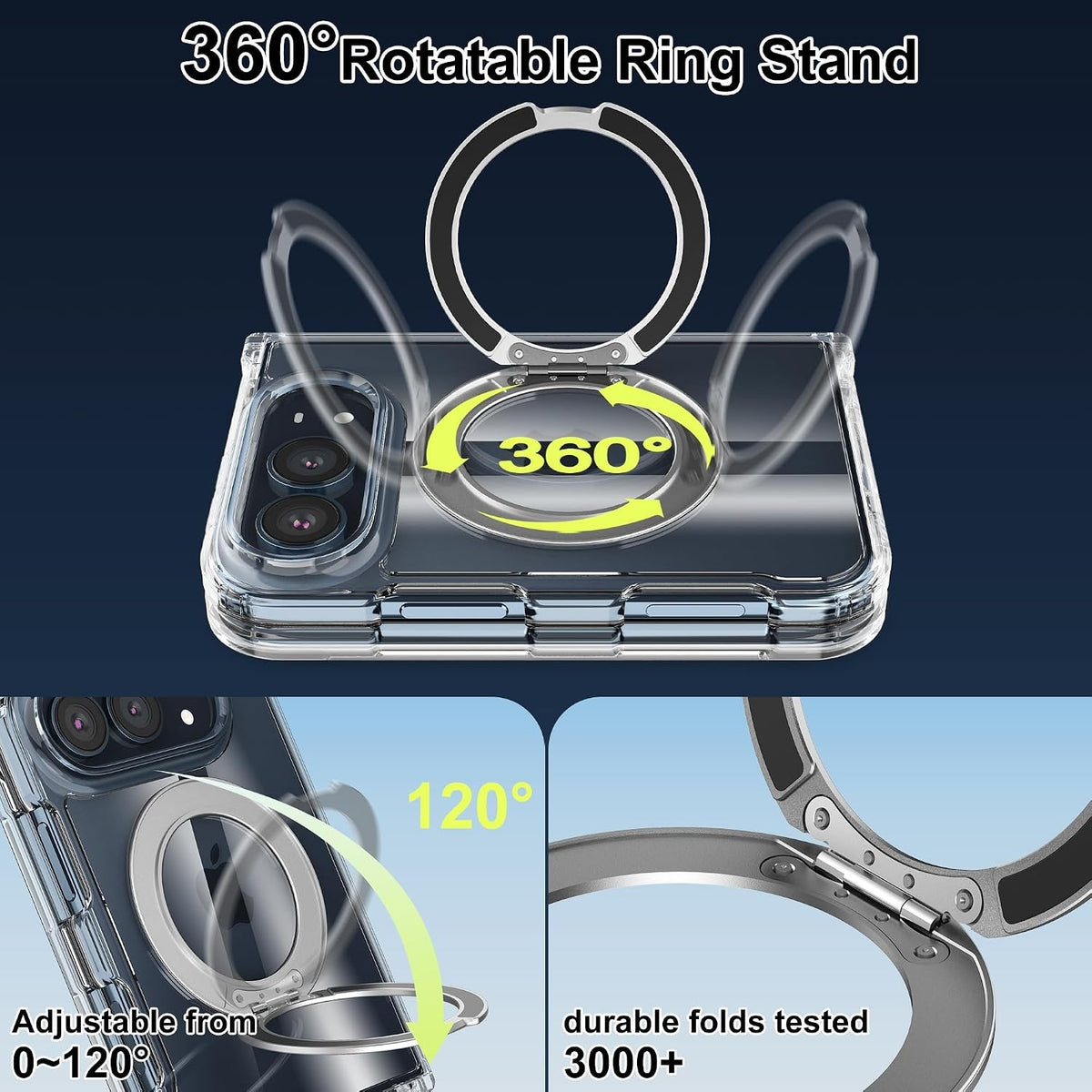 For iPhone Duo Case, Compatible with MagSafe - 360-Degree Rotating Ring Stand, Case Only, Clear