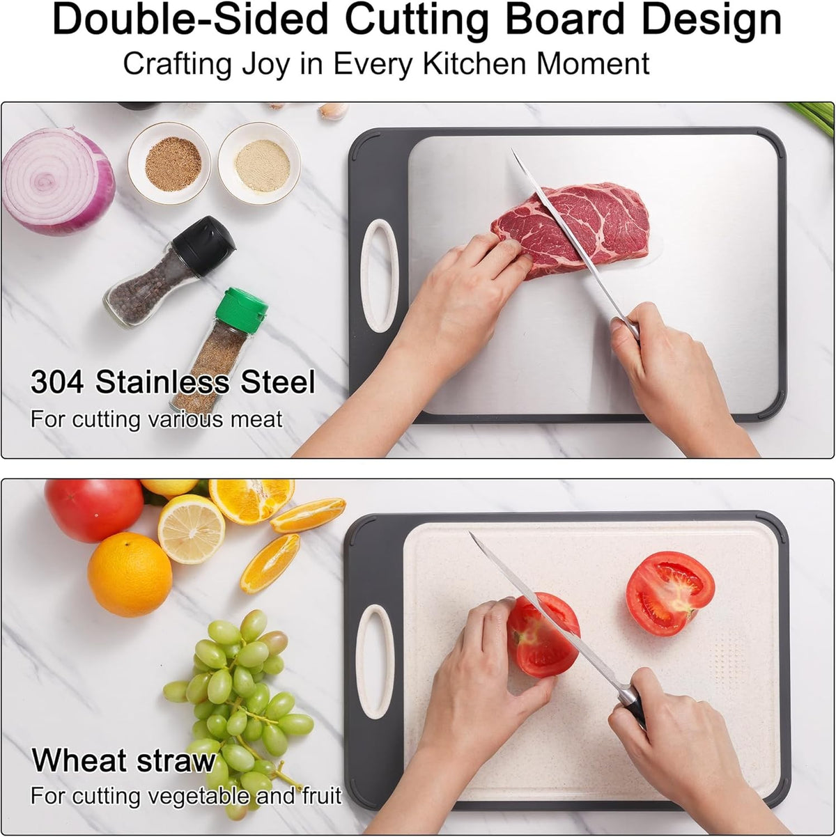 40 x 27cm Double-Sided Stainless Steel and Wheat Straw Chopping Board