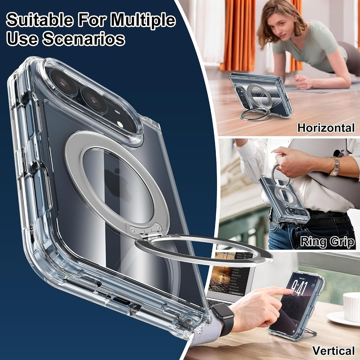 For iPhone Duo Case, Compatible with MagSafe - 360-Degree Rotating Ring Stand, Case Only, Clear