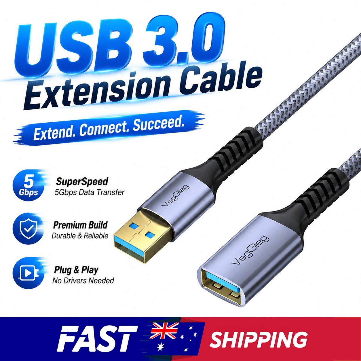 Braided USB 3.0 Extension Cable – Grey - image 1