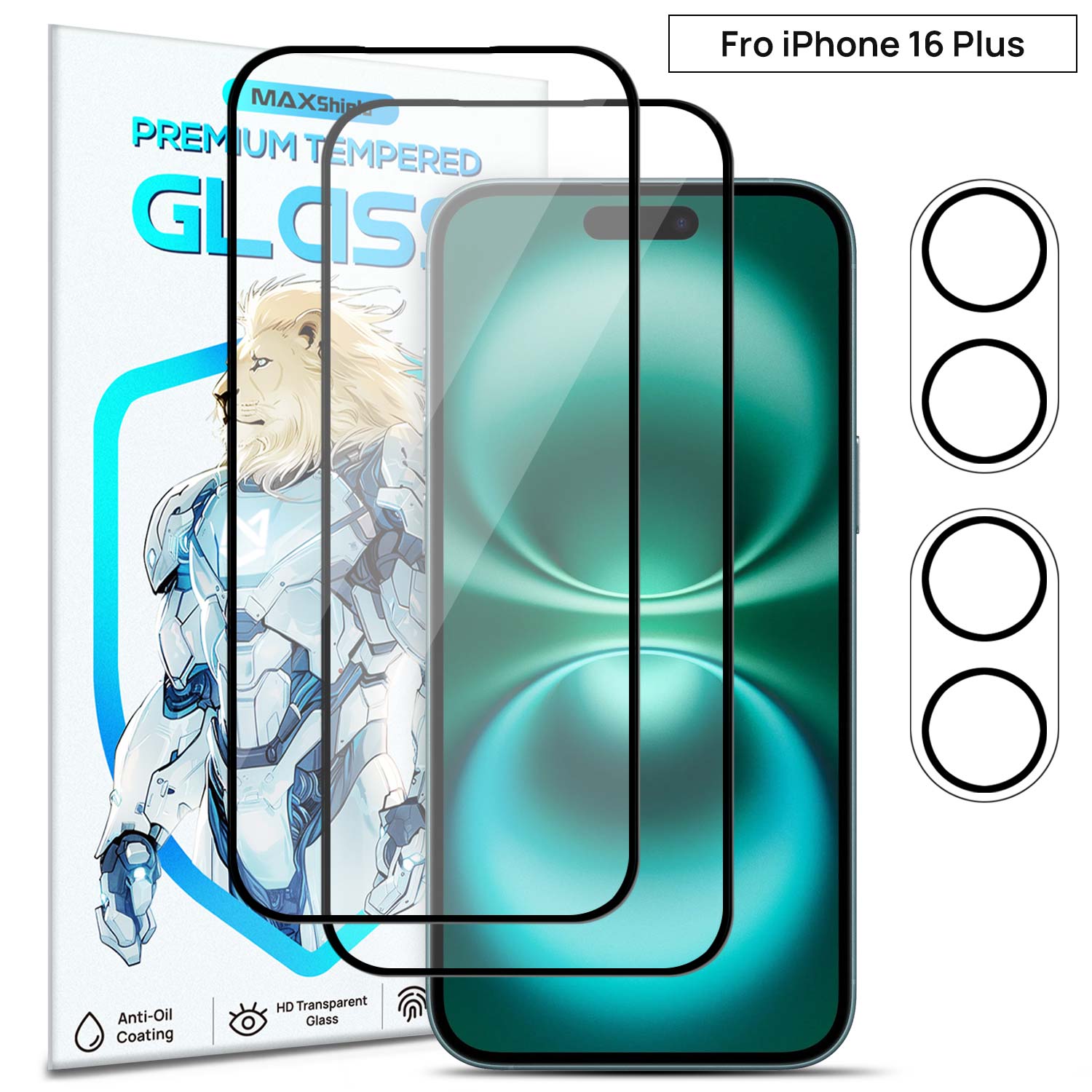 [2+2 Pack] MaxShield FullCoverage Tempered Glass Film + Camera Lens Protector for iPhone 16 Pro Plus Max