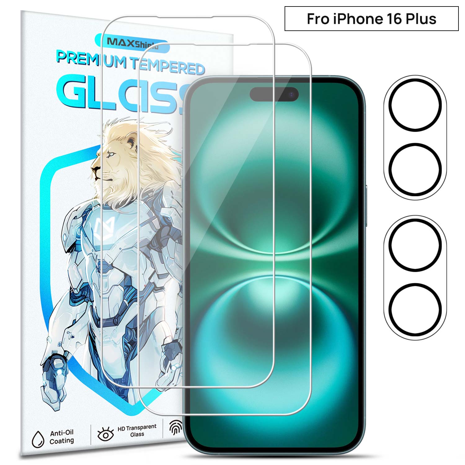 [2+2 Pack] MaxShield PureClear Tempered Glass Film + Camera Lens Protector for iPhone 16 Pro Plus Max