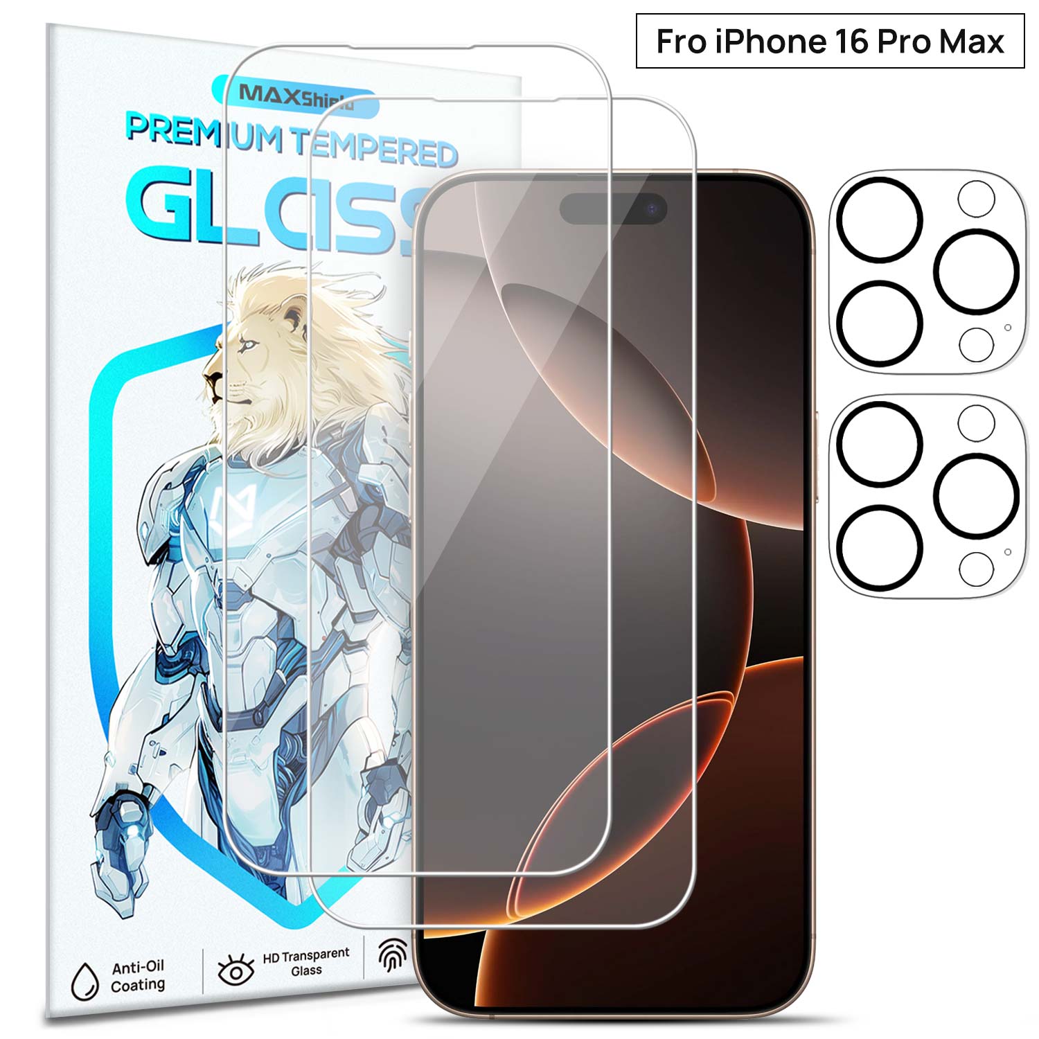[2+2 Pack] MaxShield PureClear Tempered Glass Film + Camera Lens Protector for iPhone 16 Pro Plus Max
