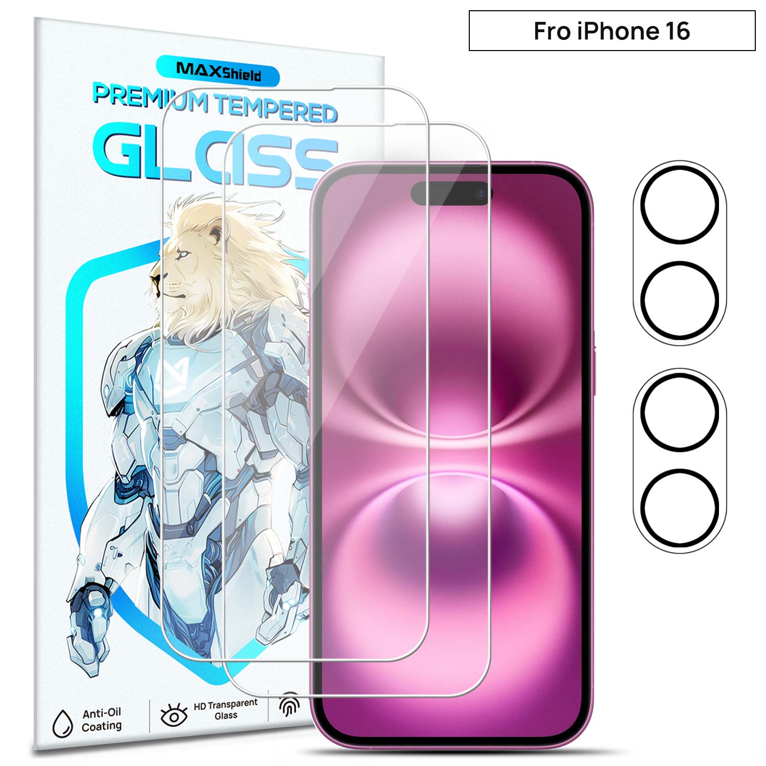 [2+2 Pack] MaxShield PureClear Tempered Glass Film + Camera Lens Protector for iPhone 16 Pro Plus Max