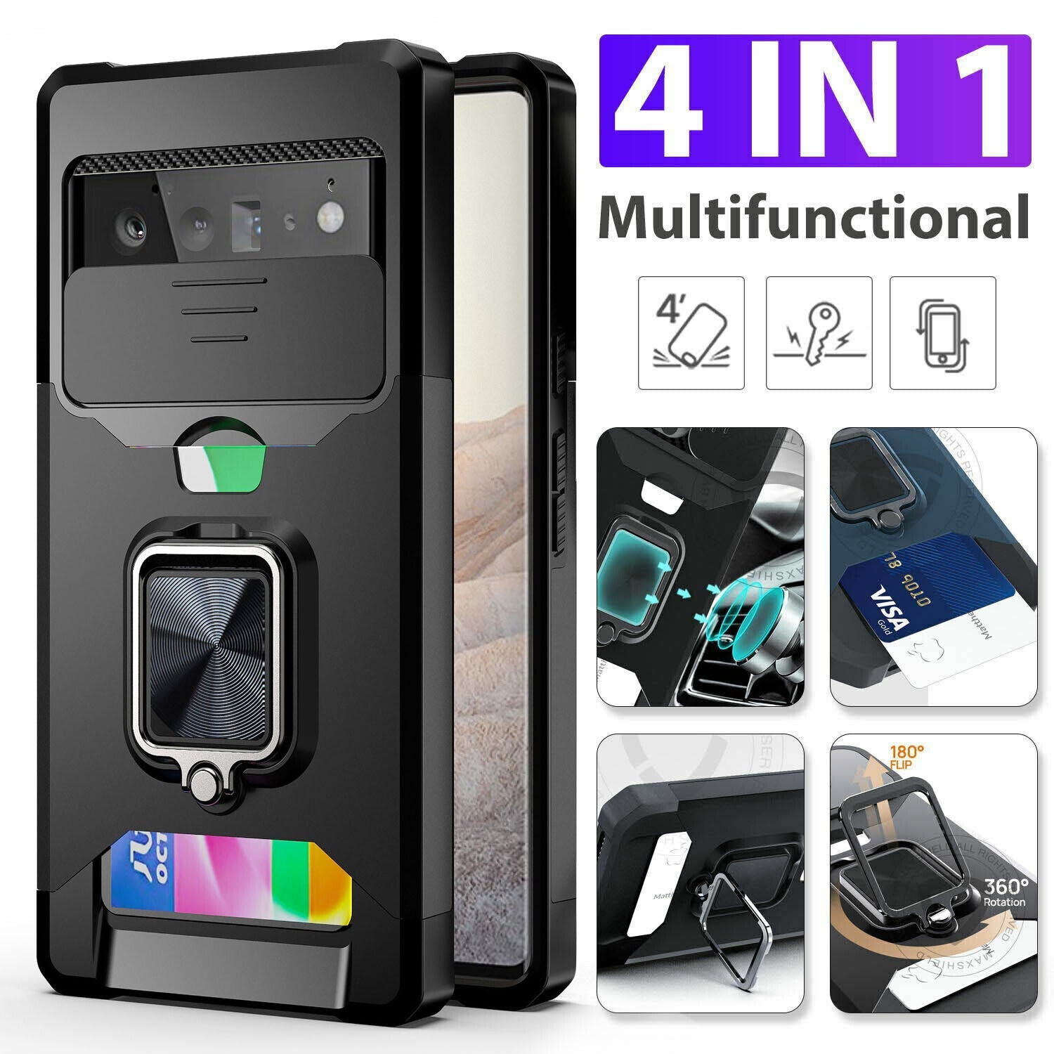 4in1 For Google Pixel 9 Pro Case Shockproof Wallet Card Cover Kickstand