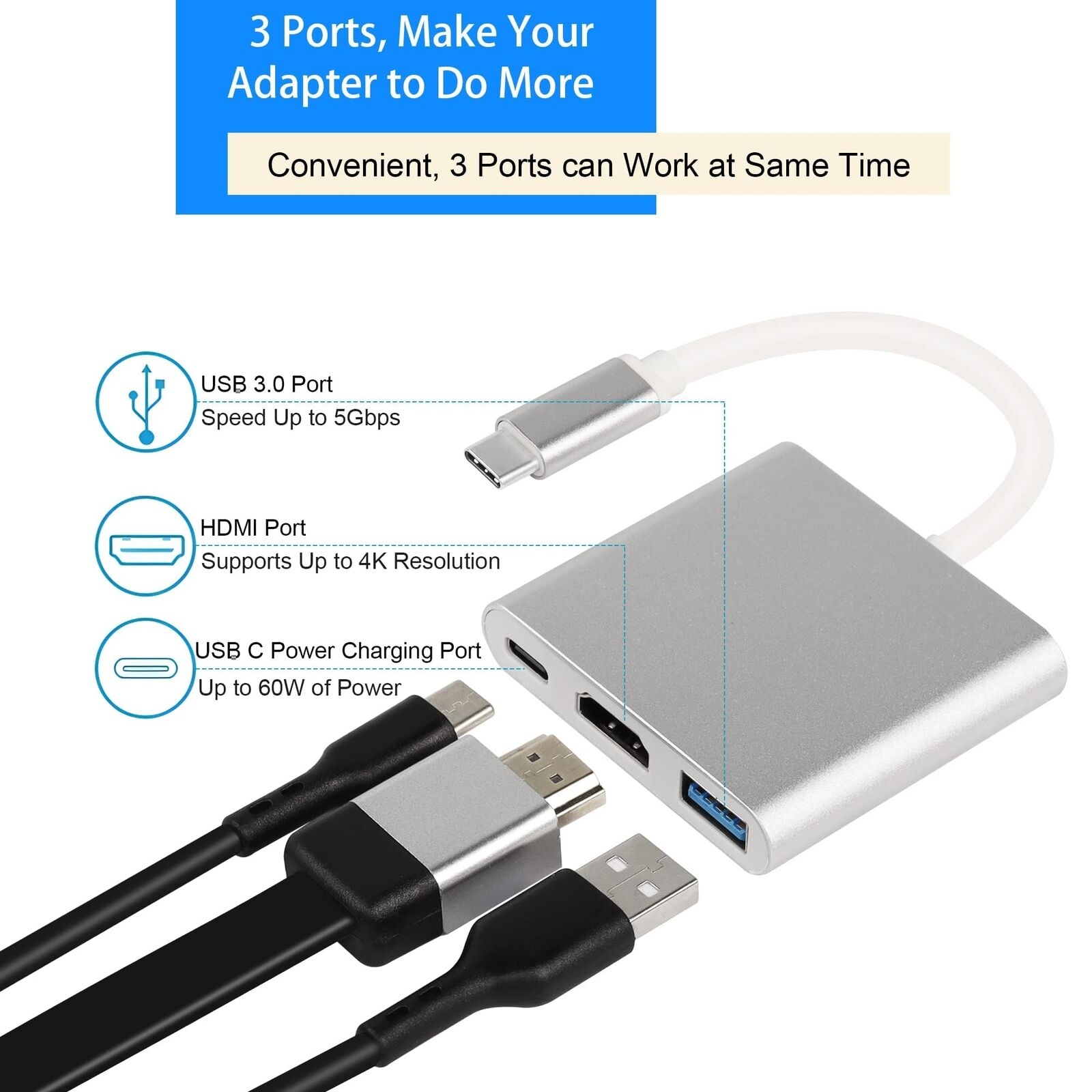 3in1 USB-C Hub Adapter Type-C Hub HDMI For MacBook Pro/Air iPad Pro Laptop