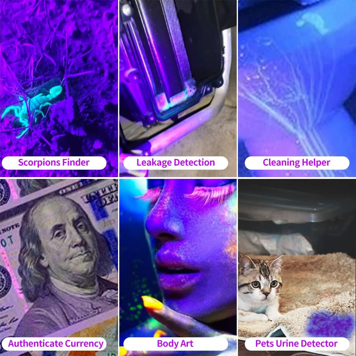 3 in 1 UV 395 Violet Blue USB LED Flashlight Rechargeable Inspection Lamp Torch