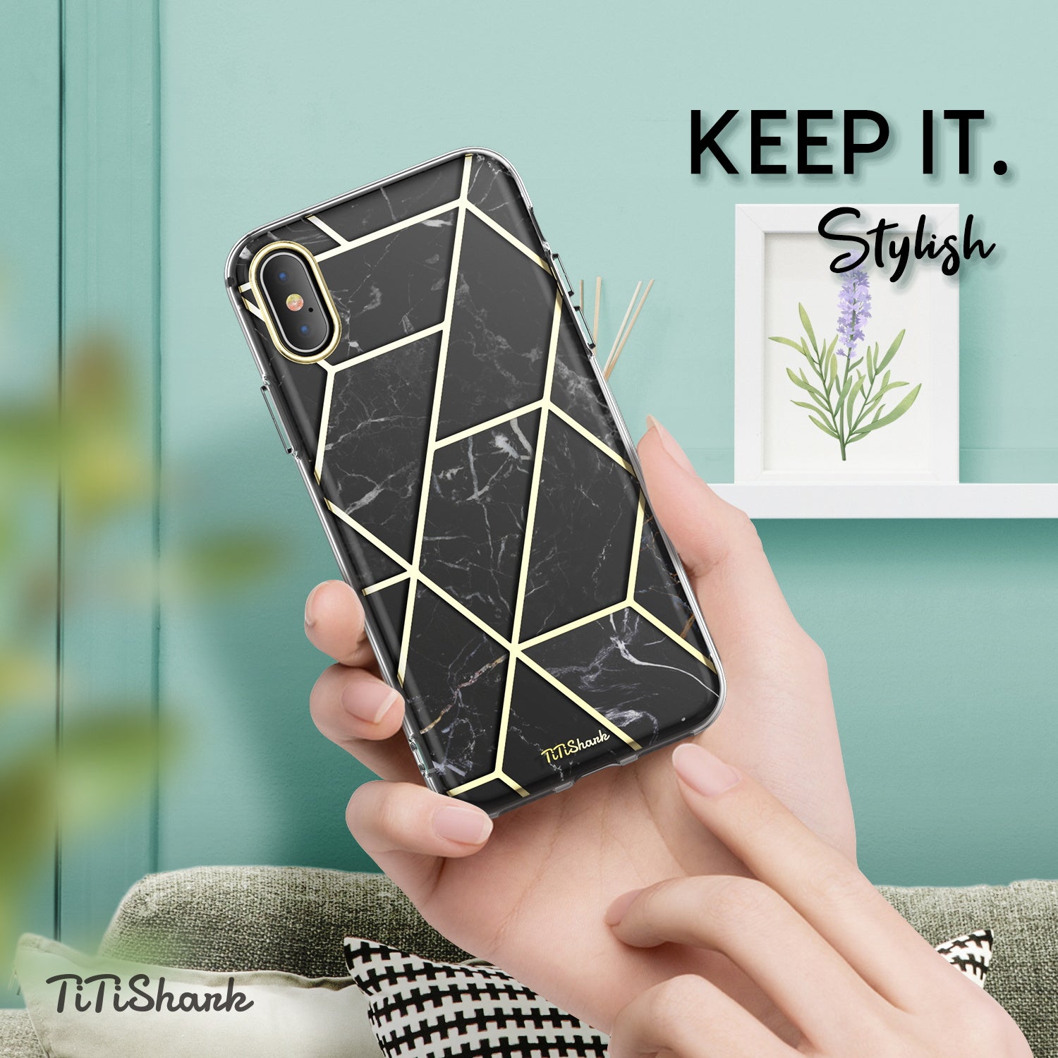TiTiShark For iPhone X/XS Case Clear Marble Shockproof Case-Black
