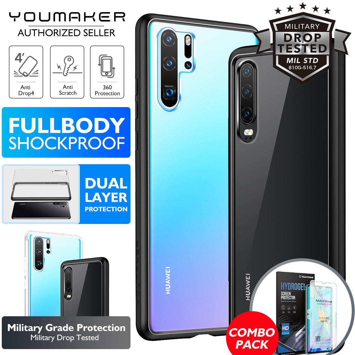YOUMAKER® Huawei P30 Pro Shockproof Slim Bumper Crystal Case Cover-Black
