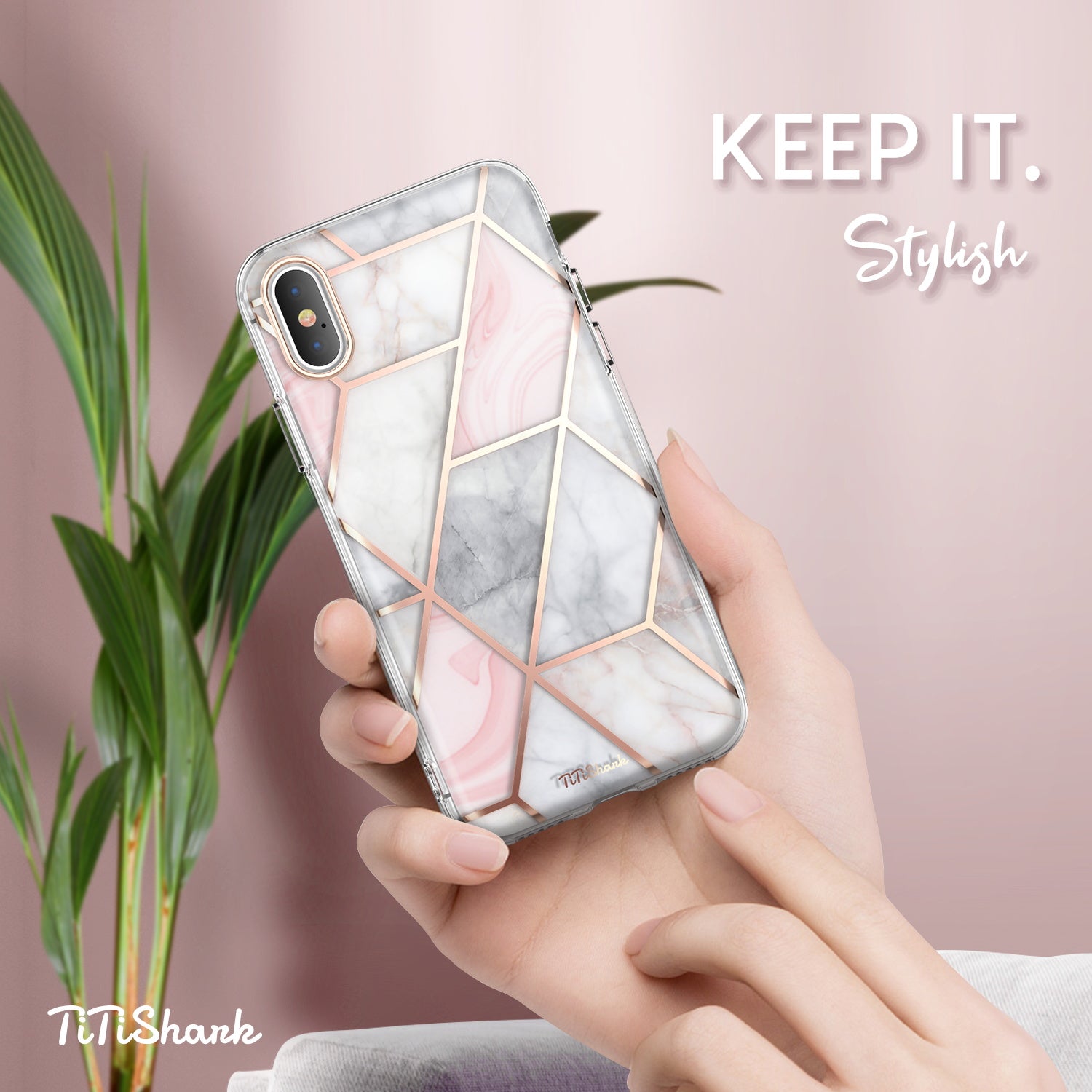 TiTiShark For iPhone X/XS Case Clear Marble Shockproof Case-Pink