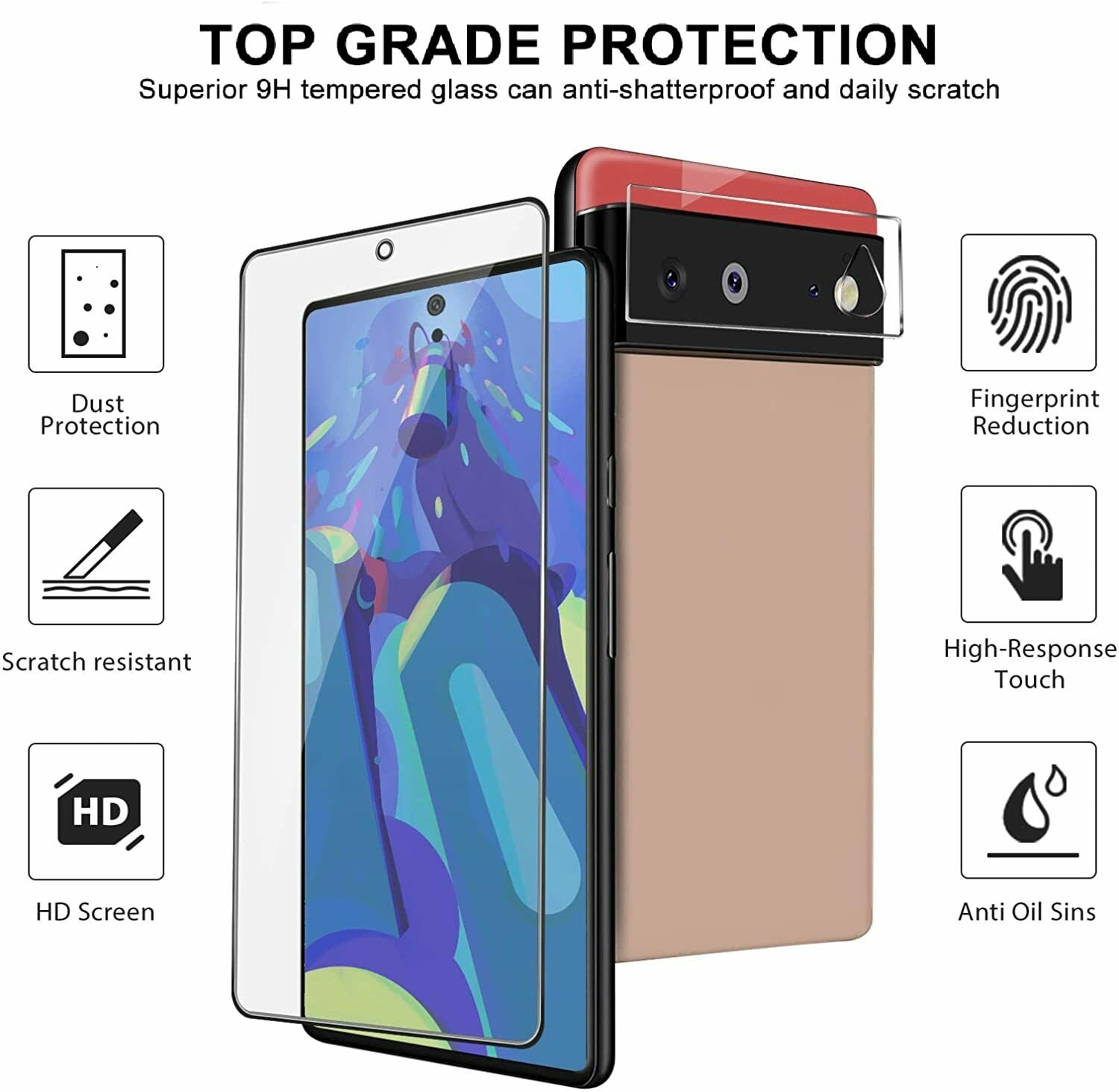 2 Pack For Google Pixel 6/6 Pro Tempered Glass Screen + Camera Lens Protector