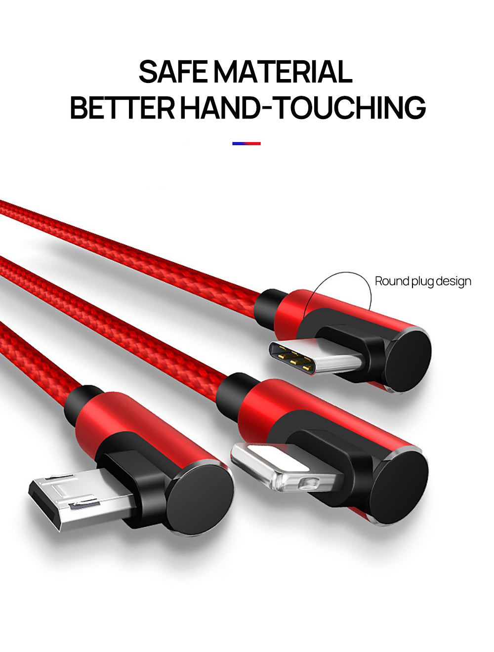 3 in 1 90 Degree Lightning USB Charger Charging Cable Cord For iPhone-Red
