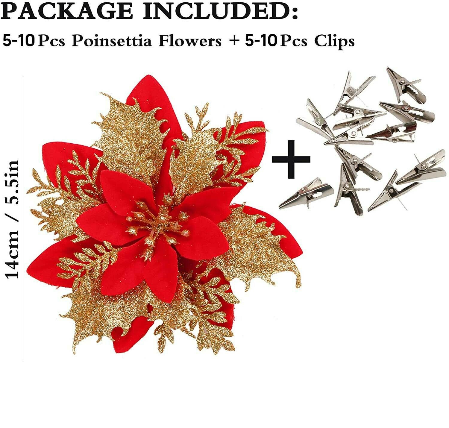 5/10PCS Christmas Glitter Poinsettia Flower Xmas Tree Wreath Hanging Decorations