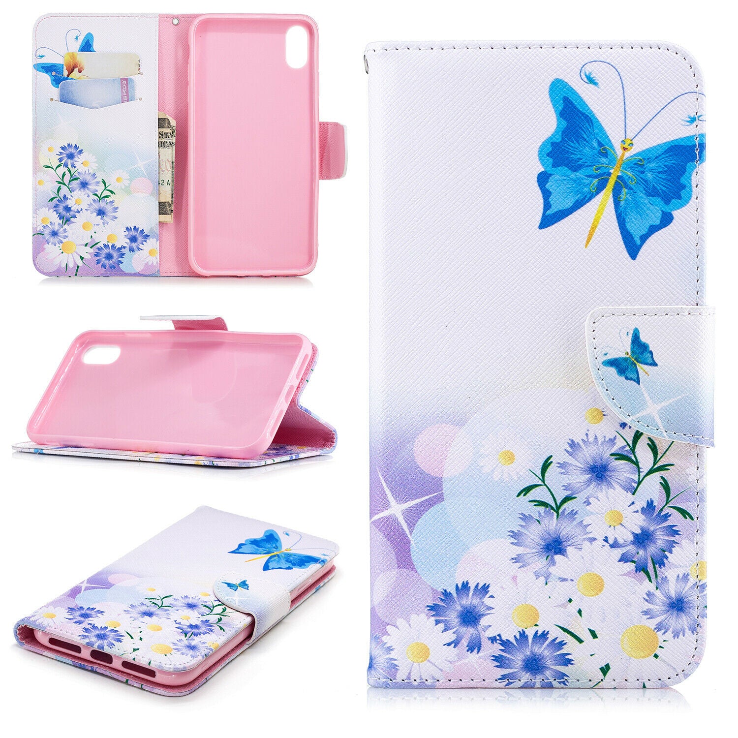 Samsung Galaxy A50 Wallet Leather Case Flip Magnetic Card Slot Cover-Blue Butterfly