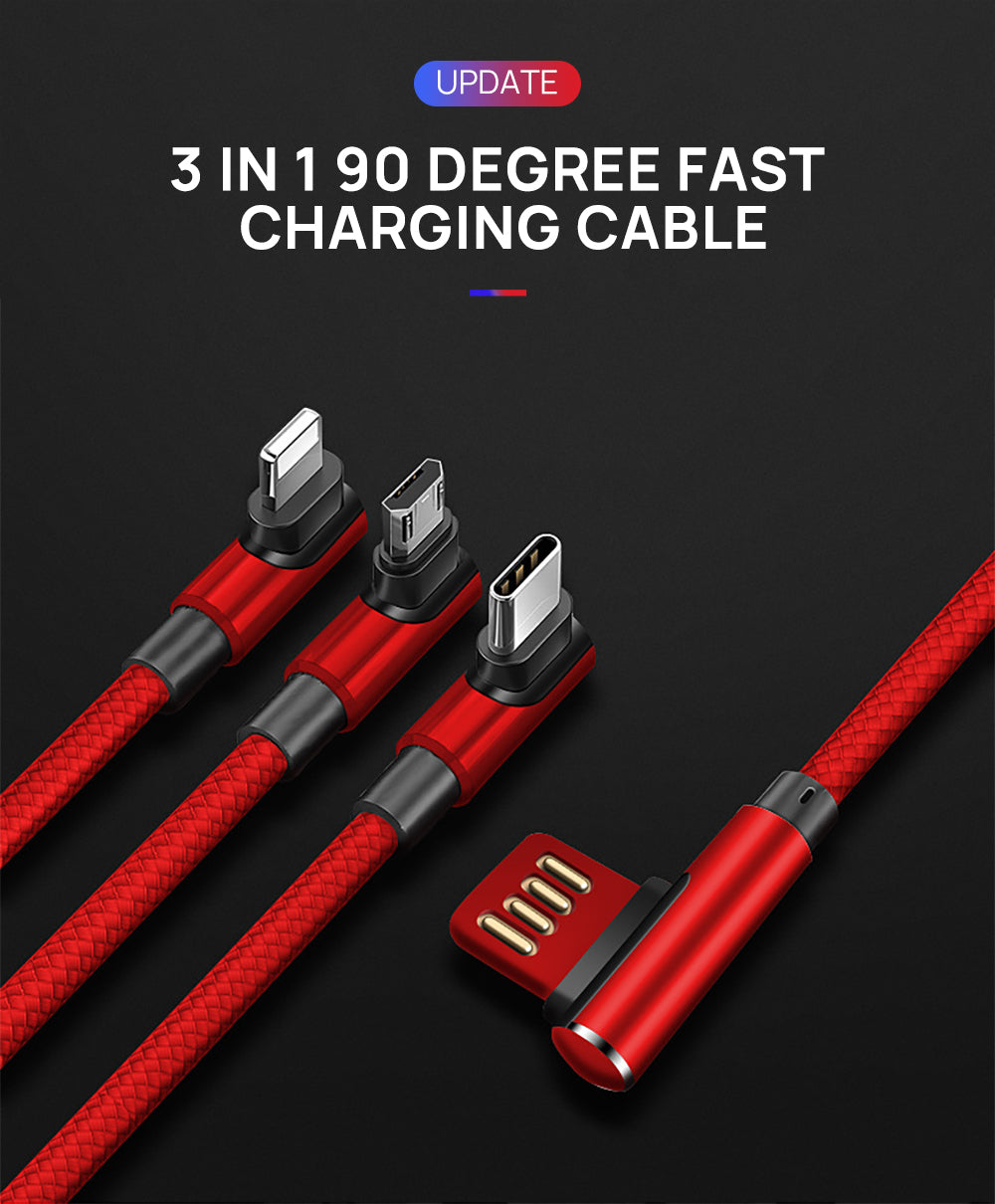3 in 1 90 Degree Lightning USB Charger Charging Cable Cord For iPhone-Red