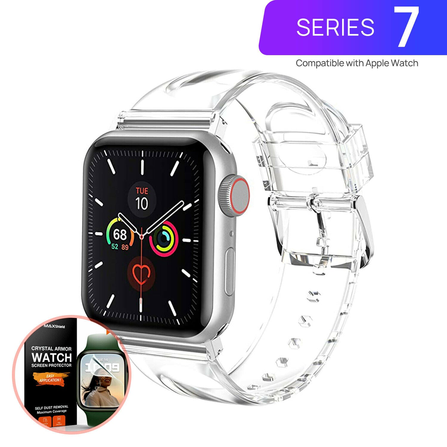 For Apple Watch 7 45/41 Silicone Clear Sports iWatch Band Strap Screen Protector