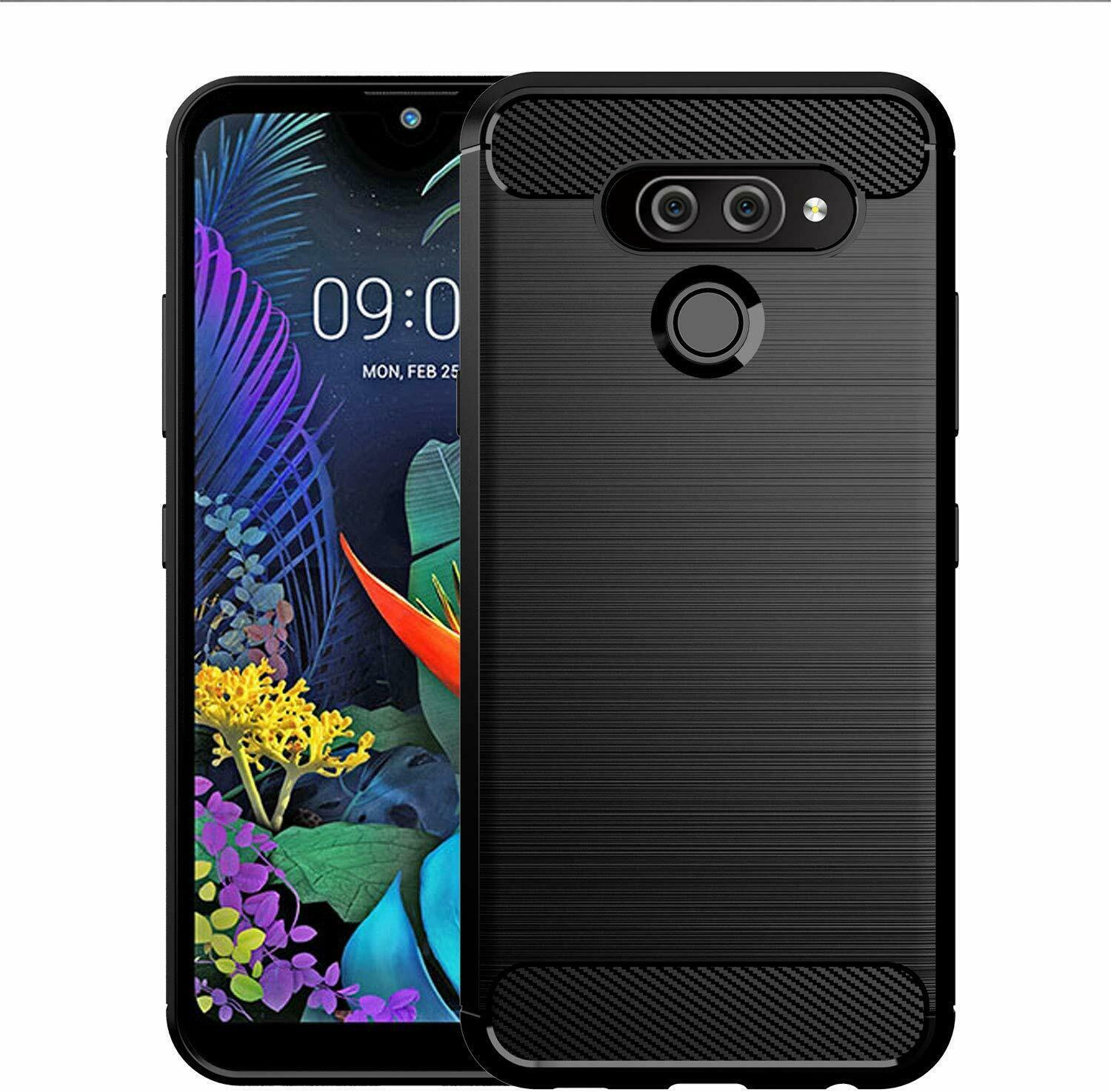 For LG Q60  Slim Shockproof Carbon Fibre Gel Phone Case +Screen Protector