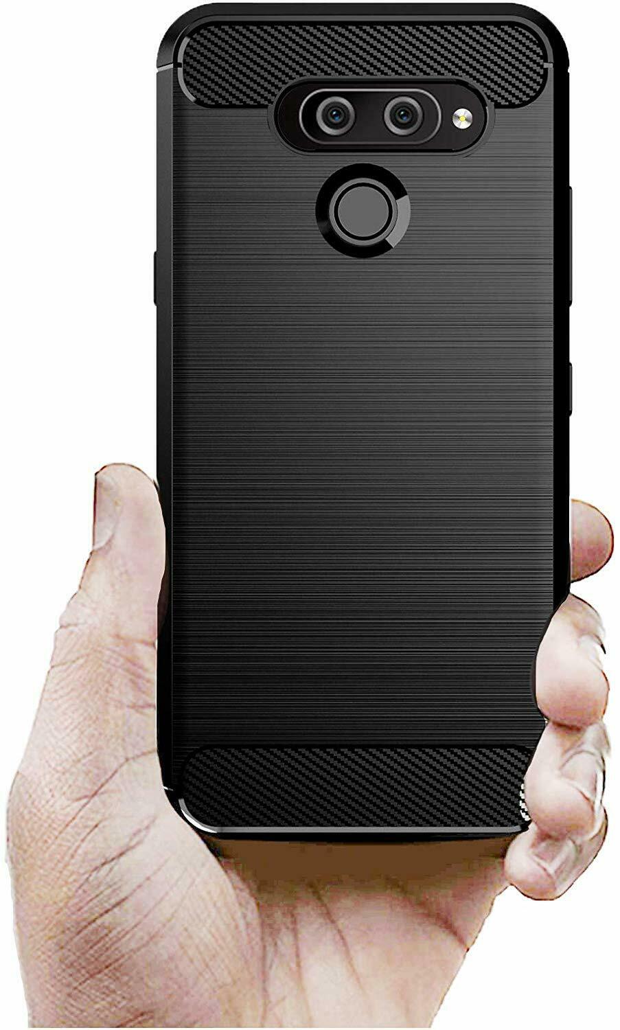 For LG Q60  Slim Shockproof Carbon Fibre Gel Phone Case +Screen Protector