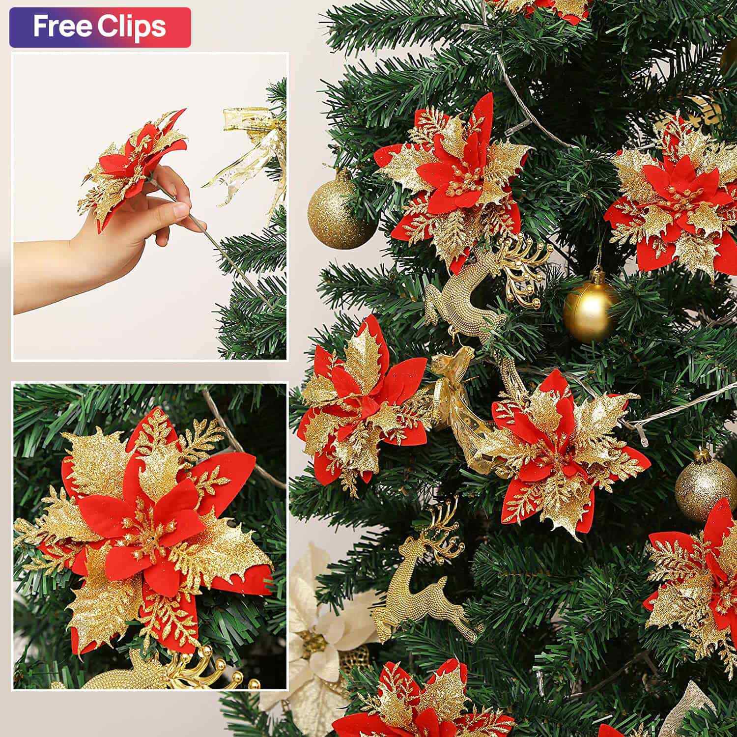 5/10PCS Christmas Glitter Poinsettia Flower Xmas Tree Wreath Hanging Decorations