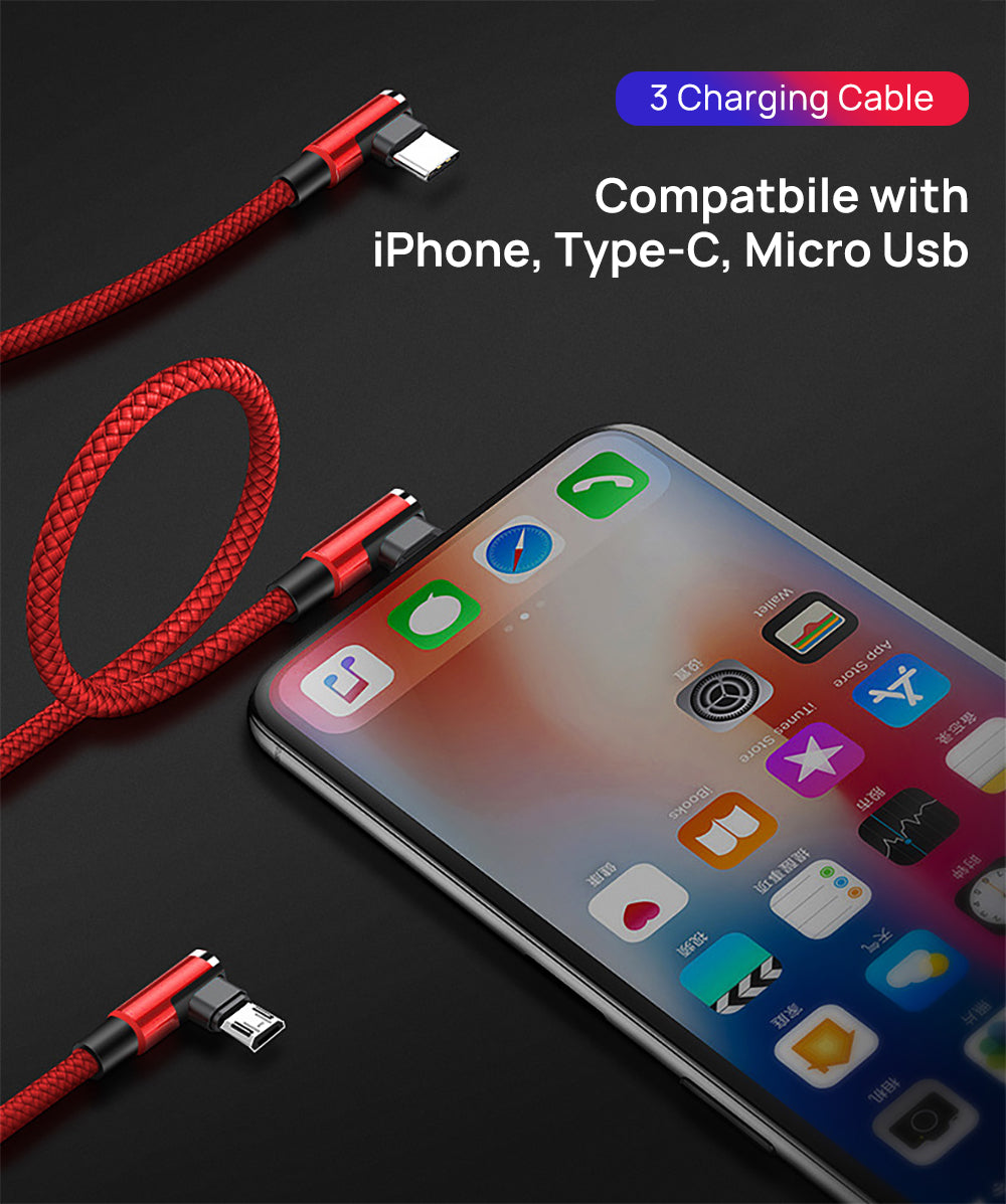 3 in 1 90 Degree Lightning USB Charger Charging Cable Cord For iPhone-Black