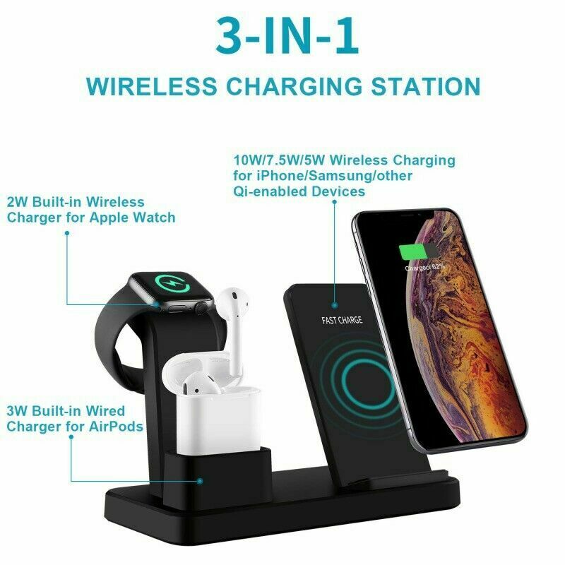 3in1 Fast Charging Qi Wireless Charger Charge to Apple iPhone iWatch headphone