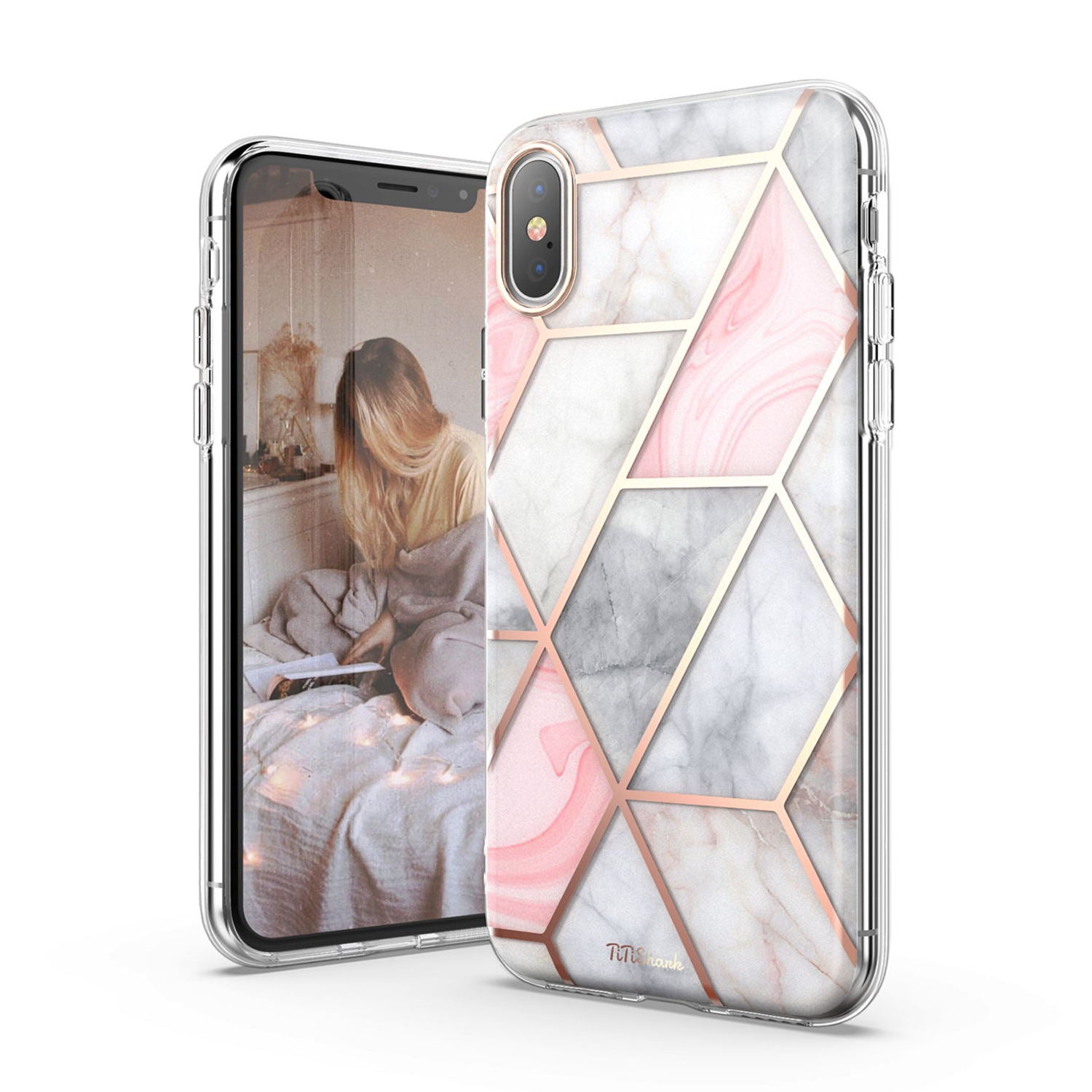TiTiShark For iPhone X/XS Case Clear Marble Shockproof Case-Pink