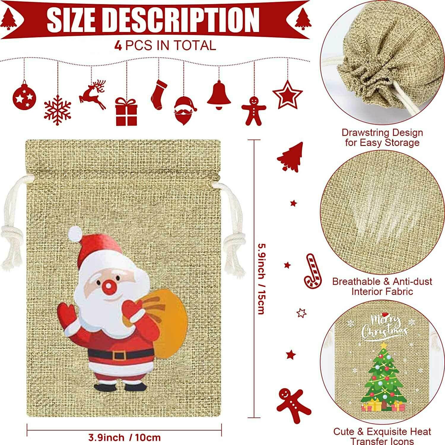 4PS Christmas Gift Bag Small Cloth Candy Treat Gift Wrapping Packing Decoration