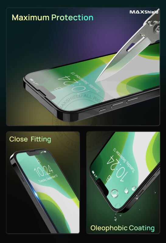 For iPhone 12 13 Pro MAX MAXSHIELD Tempered Glass Antimicrobial Screen Protector
