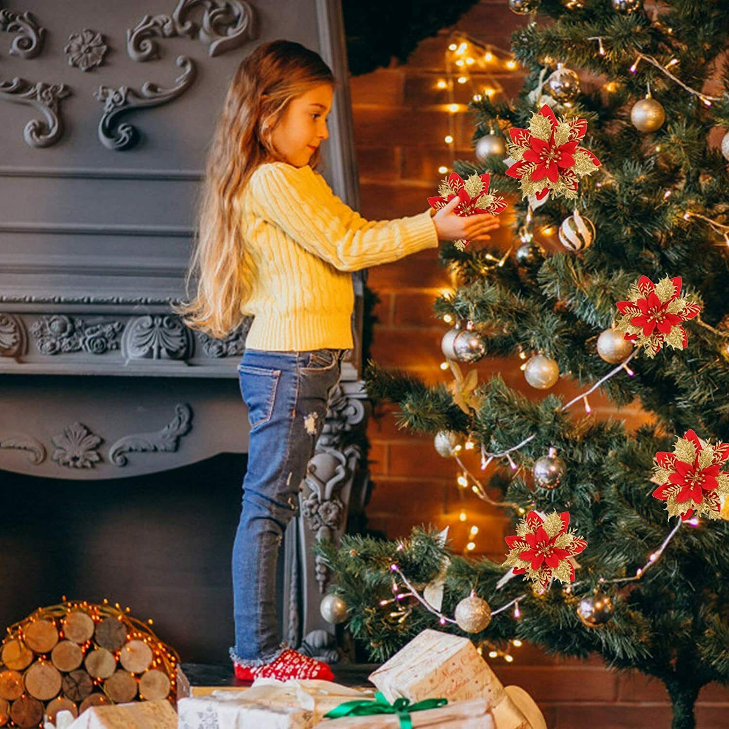 5/10PCS Christmas Glitter Poinsettia Flower Xmas Tree Wreath Hanging Decorations