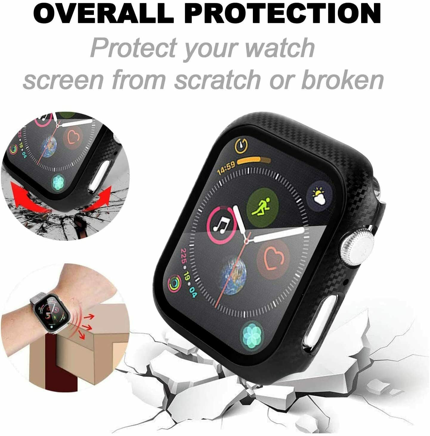 Apple Watch Series SE/6/5/4 44mm 360° TPU Carbon Fiber Full Cover Tempered Glass Case