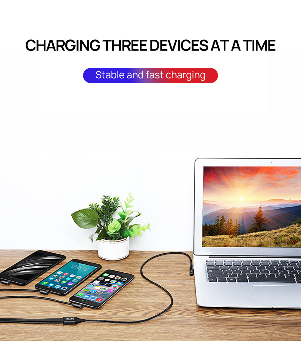 3 in 1 90 Degree Lightning USB Charger Charging Cable Cord For iPhone-Black
