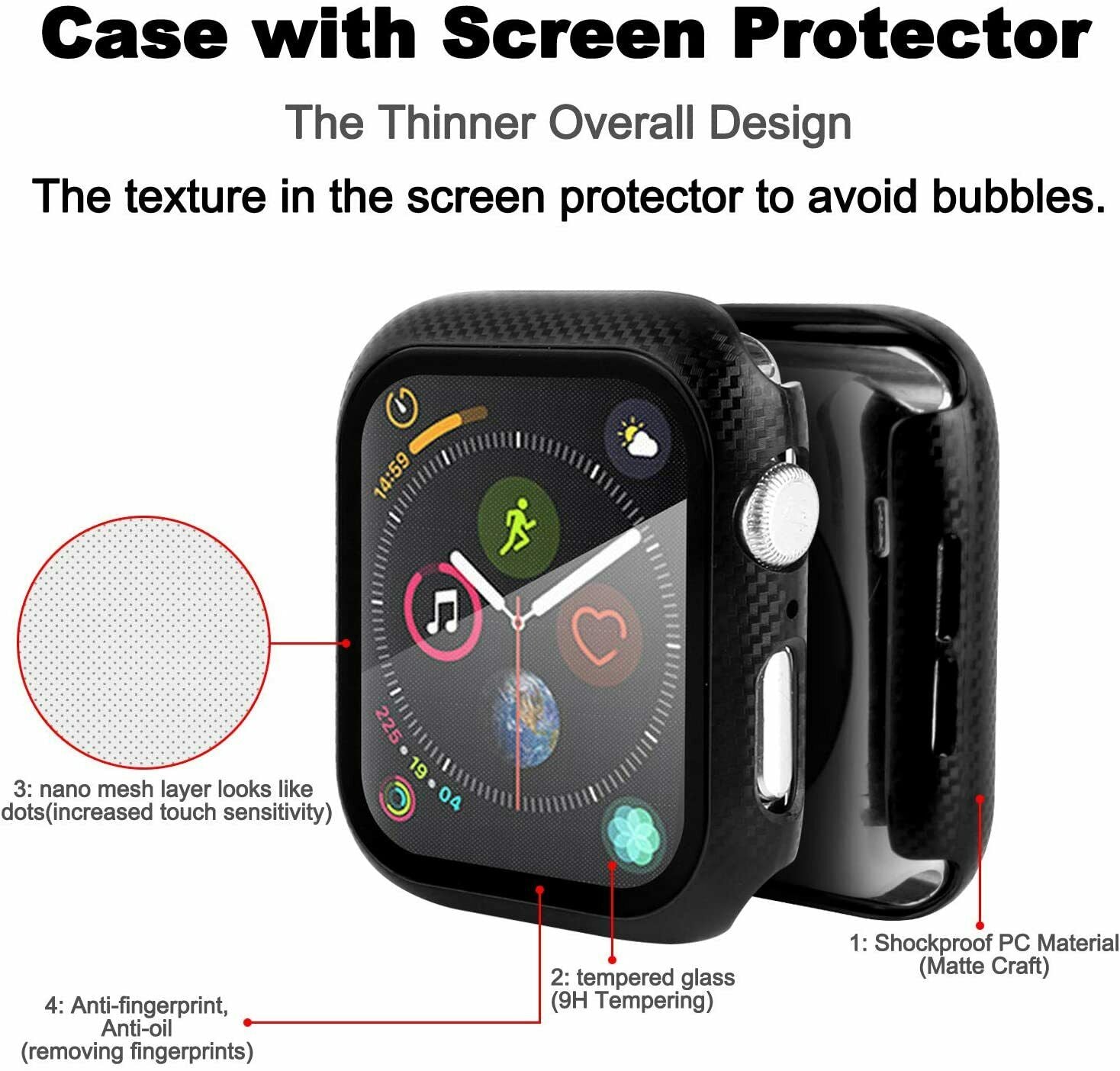 Apple Watch Series SE/6/5/4 40mm 360° TPU Carbon Fiber Full Cover Tempered Glass Case