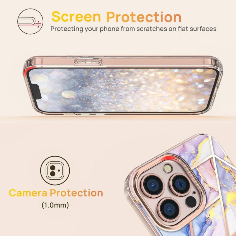 For iPhone 13 Pro Max Case Clear Marble Cute Glitter Shockproof Hard Cover
