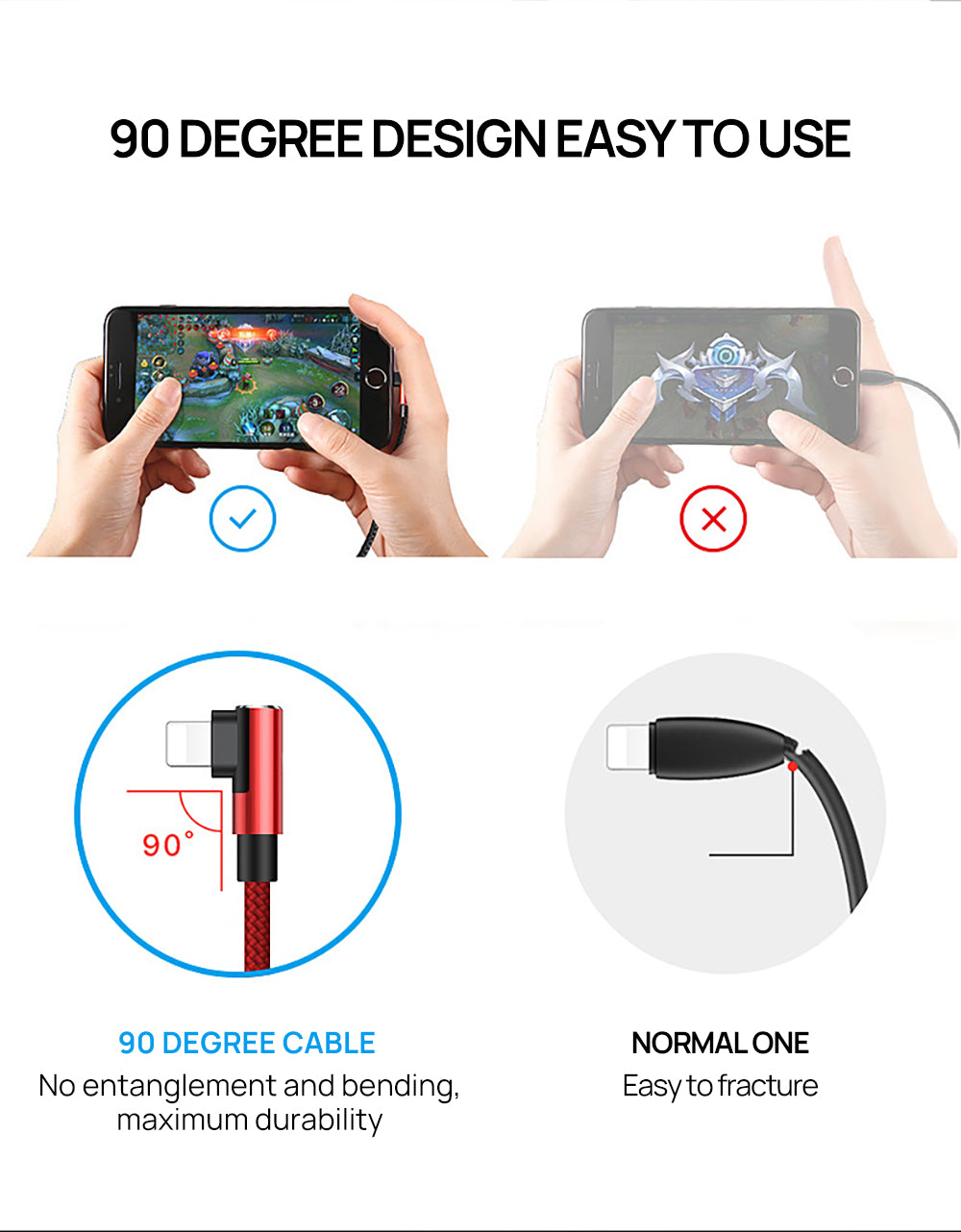 3 in 1 90 Degree Lightning USB Charger Charging Cable Cord For iPhone-Black