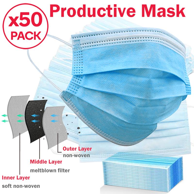 50 Pcs Face Mask Disposable Protective Respirator 3-Layer