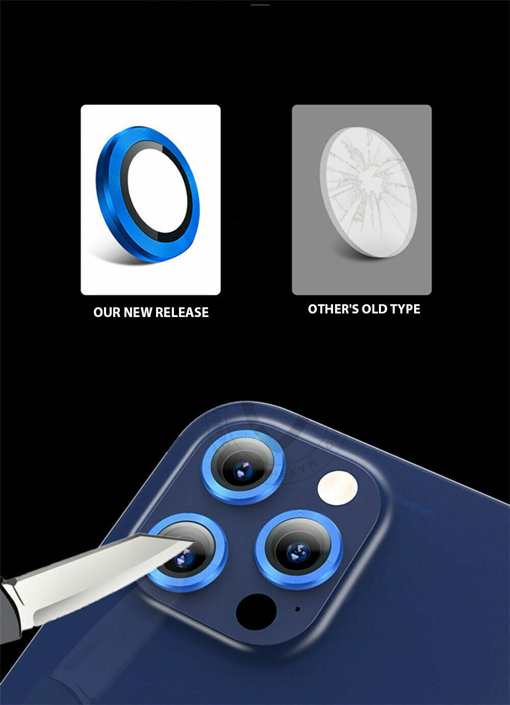 For Apple iPhone 11 Pro Max Camera Lens Metal Ring Tempered Glass Protector