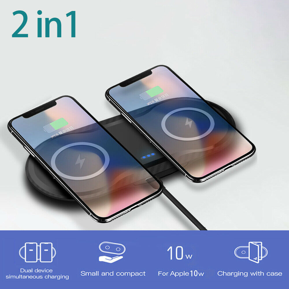 Dual Wireless Charger Phone Fast Charging Pad Mat For iPhone Samsung Galaxy AU For Double 10W-Black