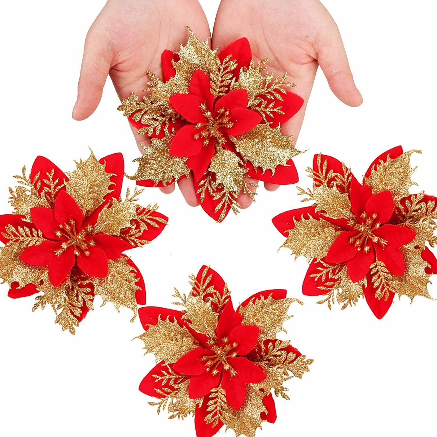 5/10PCS Christmas Glitter Poinsettia Flower Xmas Tree Wreath Hanging Decorations