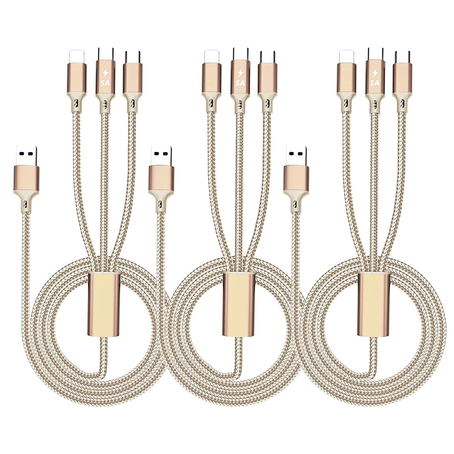 3 in 1 Multi USB Charger Charging Cable Cord with 3 Type-C Plug Nylon Braided