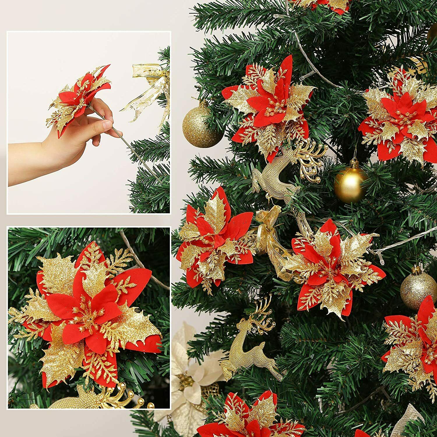 5/10PCS Christmas Glitter Poinsettia Flower Xmas Tree Wreath Hanging Decorations