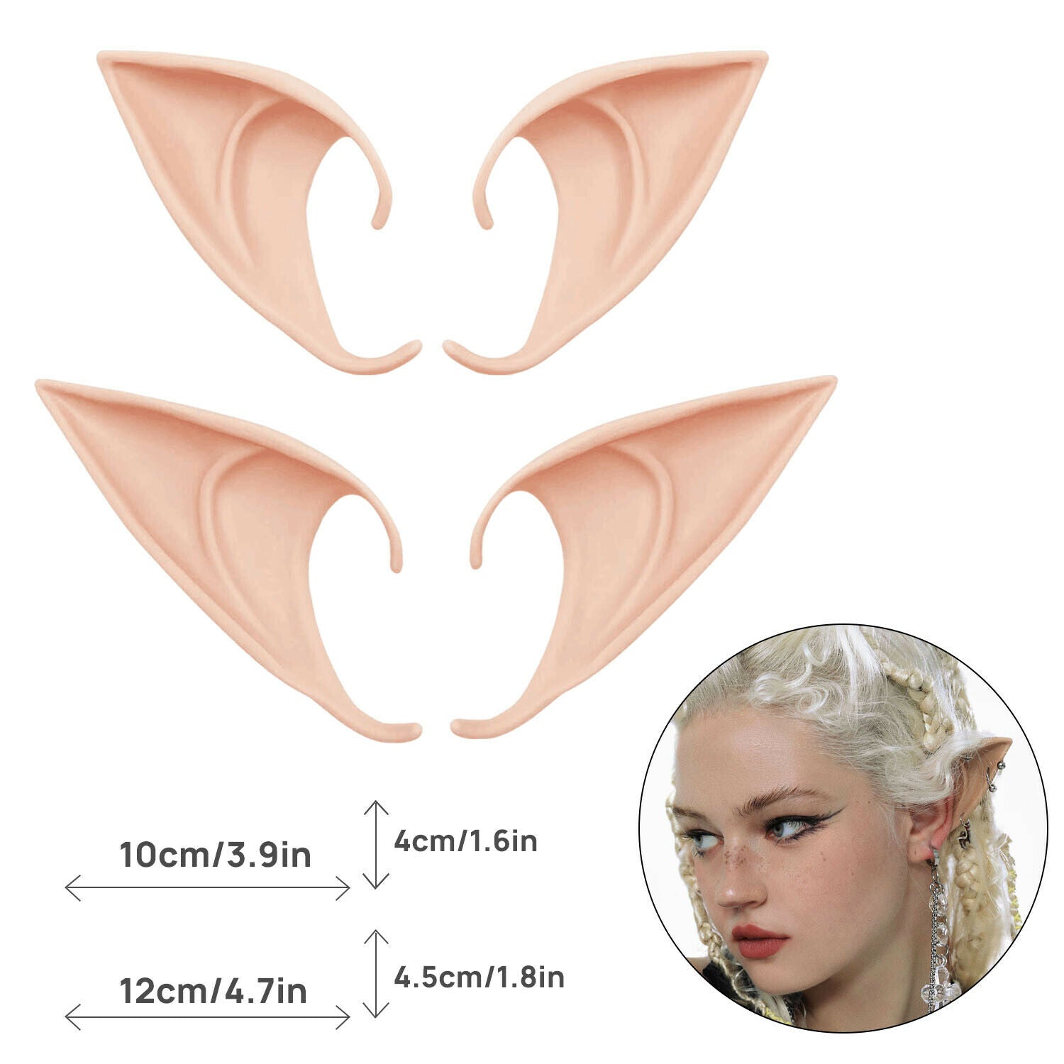 2 Pairs Rubber Elf Ears Fairy Elven Pixie Hobbit Demon Halloween Costume Cosplay