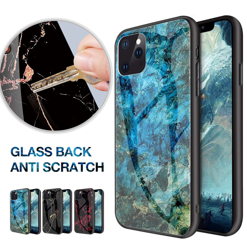 For iPhone 12 Case Shockproof Glass Marble Soft Tough Cover