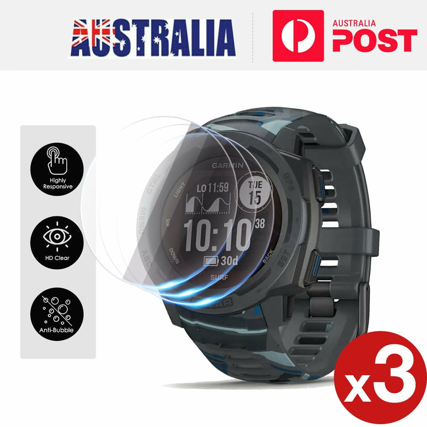 3 Pack For Garmin Instinct Solar Sports Tactical Tempered Glass Screen Protector