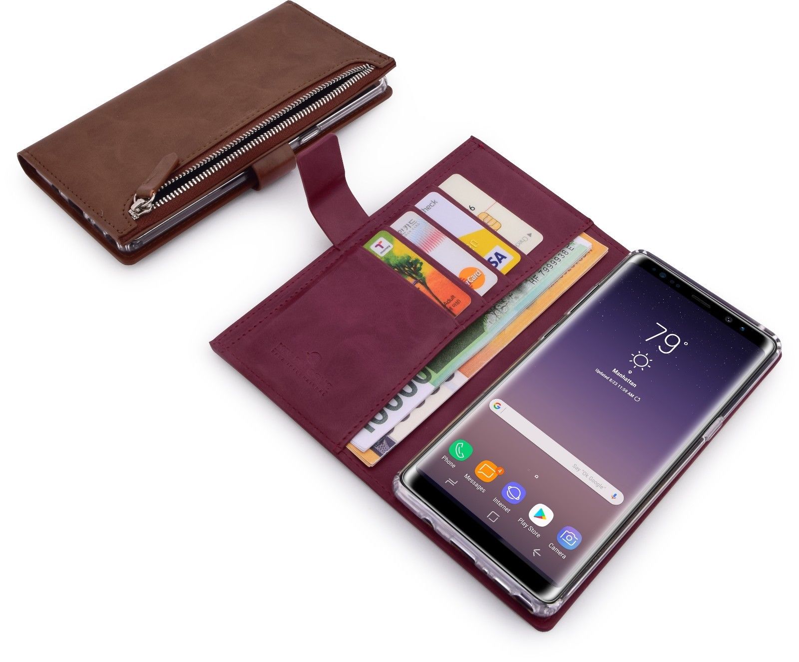 Samsung Galaxy S10 Zipper Leather Wallet Card Magnetic Case Cover-Brown