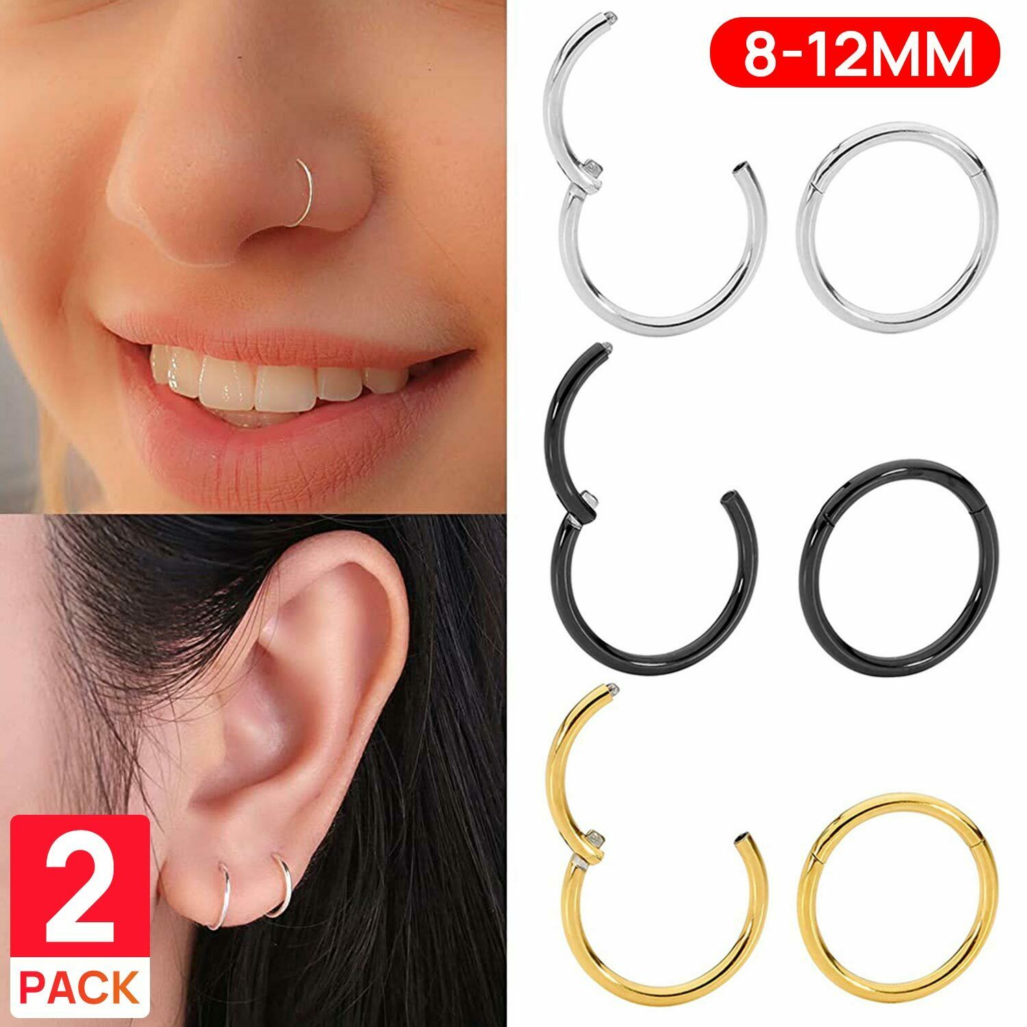 2PS Stainless Steel Segment Hinged Clicker Ear Nose Lip Body Ring Hoop Piercing