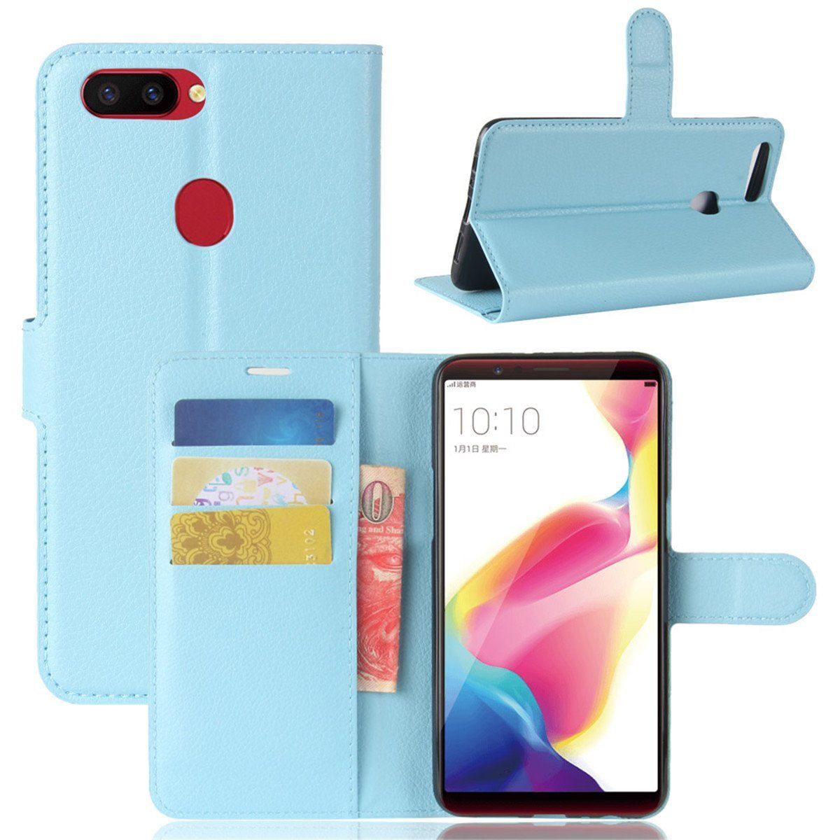 Oppo AX7 Premium Leather Wallet Case Cover For Oppo Case-Sky Blue