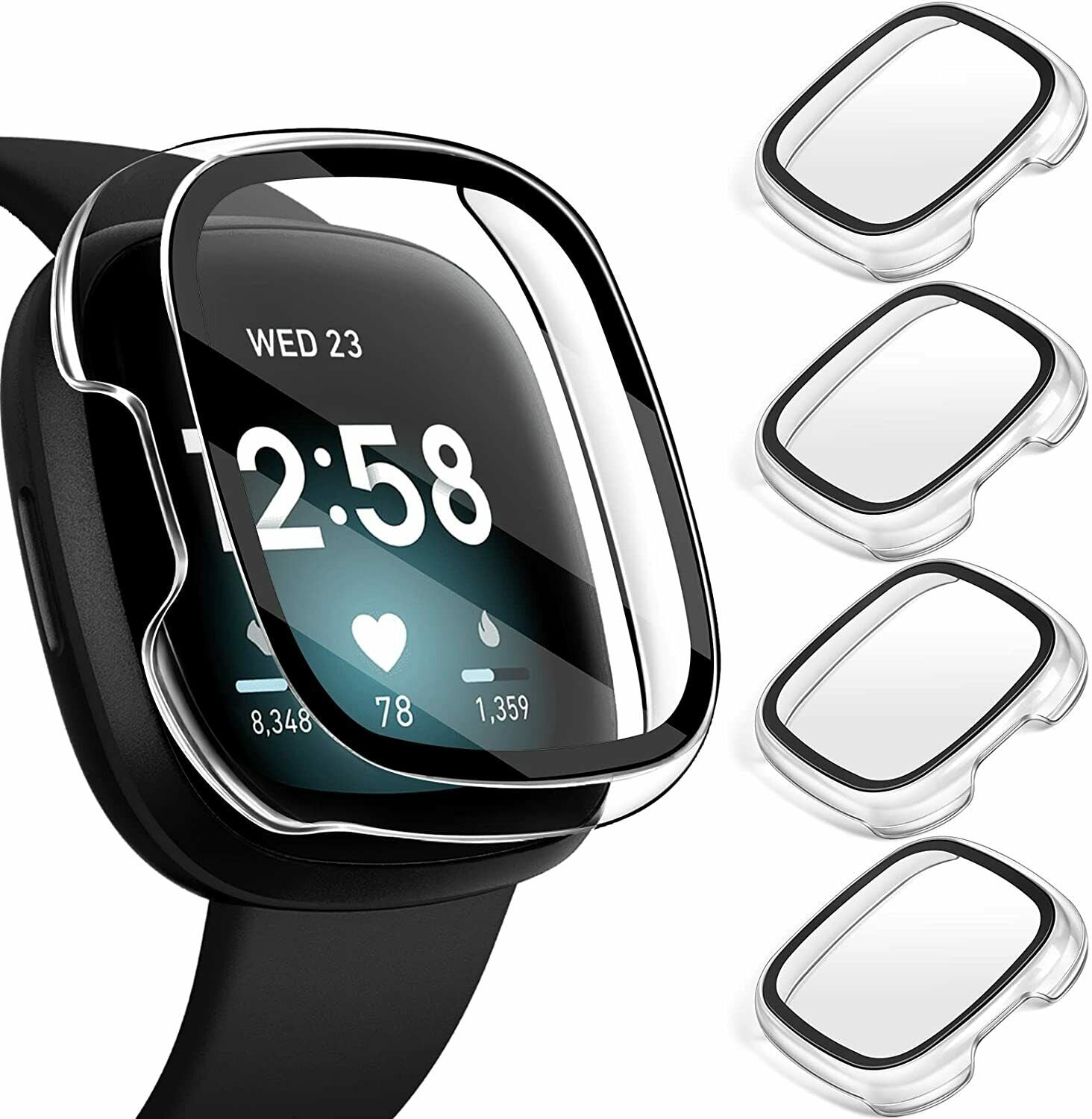 2PS For Fitbit Versa 3 Sense Case Full Cover Tempered Glass Screen Protector Cover