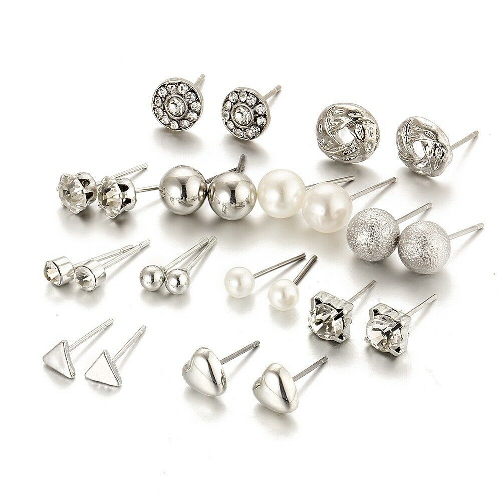 12 Pairs Fashion Rhinestone Crystal Pearl Earrings Set Women Ear Stud Jewelry AU