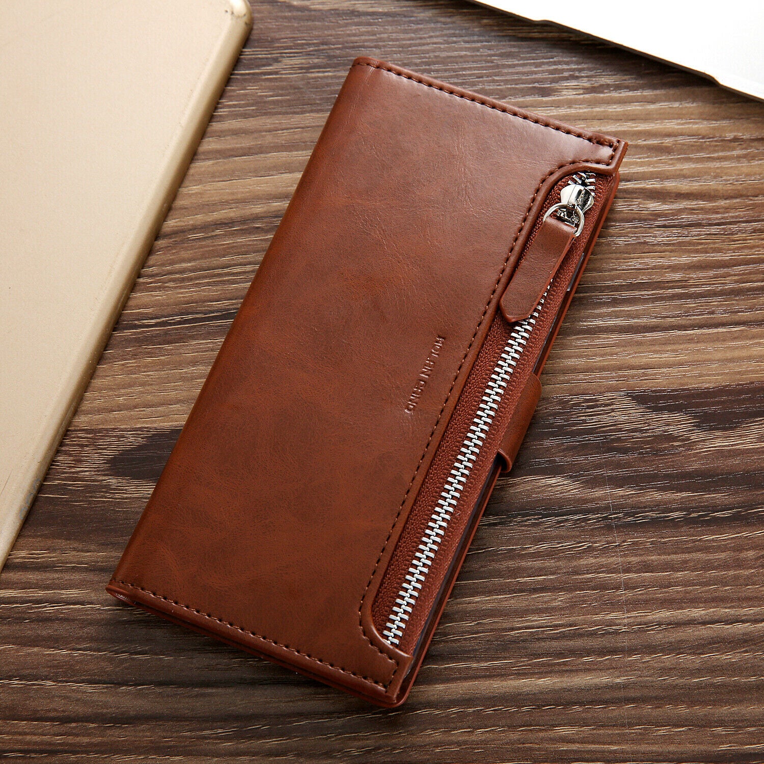 Samsung Galaxy S10 Plus Zipper Leather Wallet Card Magnetic Case Cover-Brown