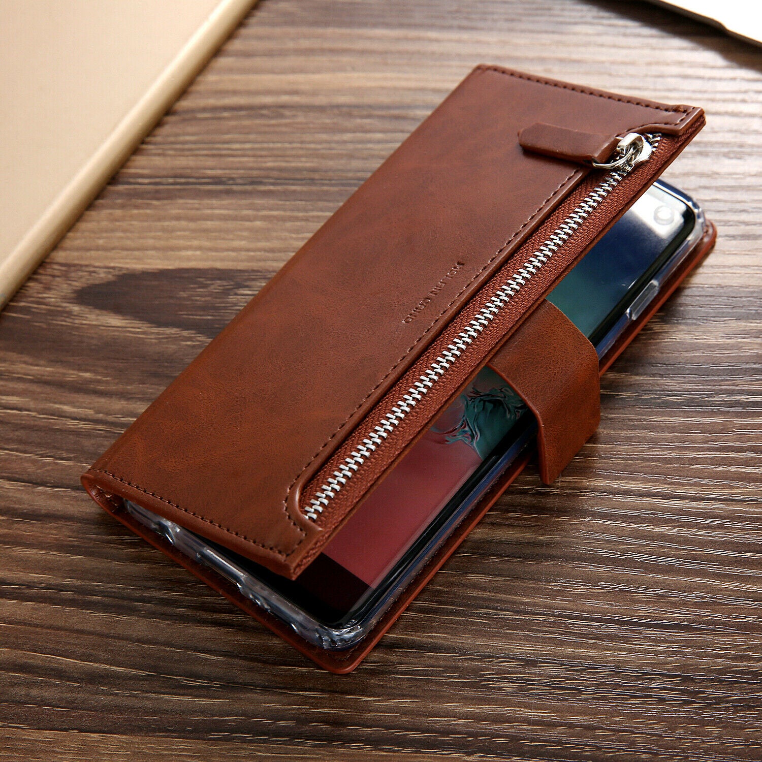 Samsung Galaxy S10 Plus Zipper Leather Wallet Card Magnetic Case Cover-Black